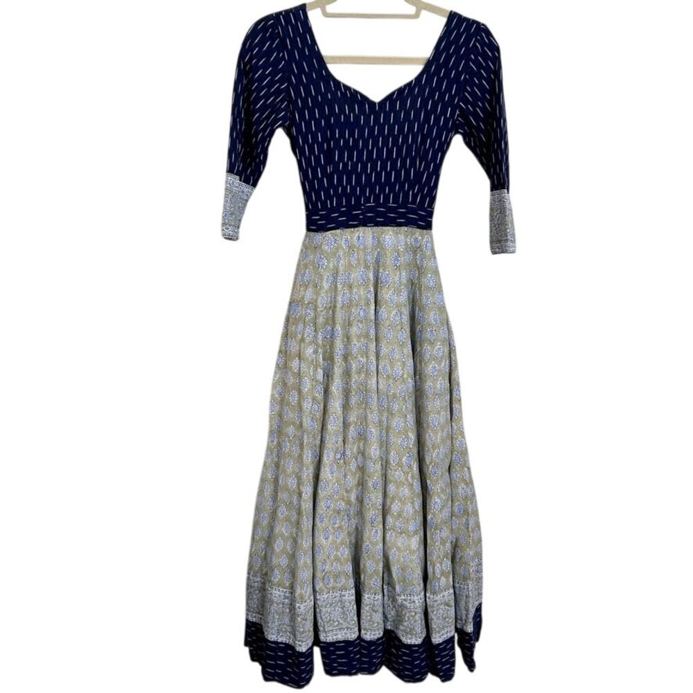 Vintage Indian Block Print Cotton Maxi Dress Cottagecore Prairie, Mint Condition